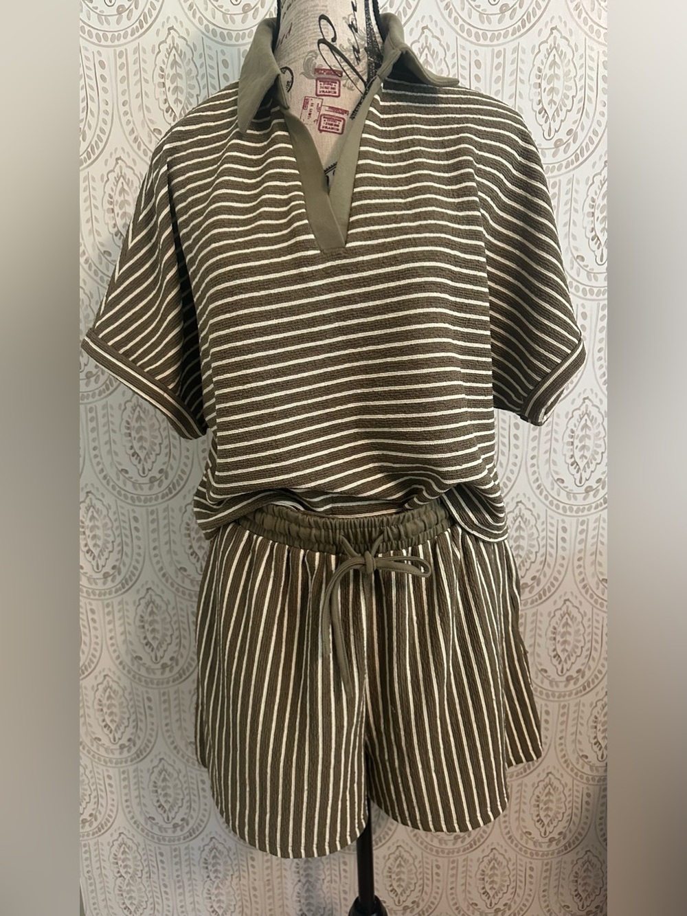 Amazon Olive & White Striped Knit Shorts Set
